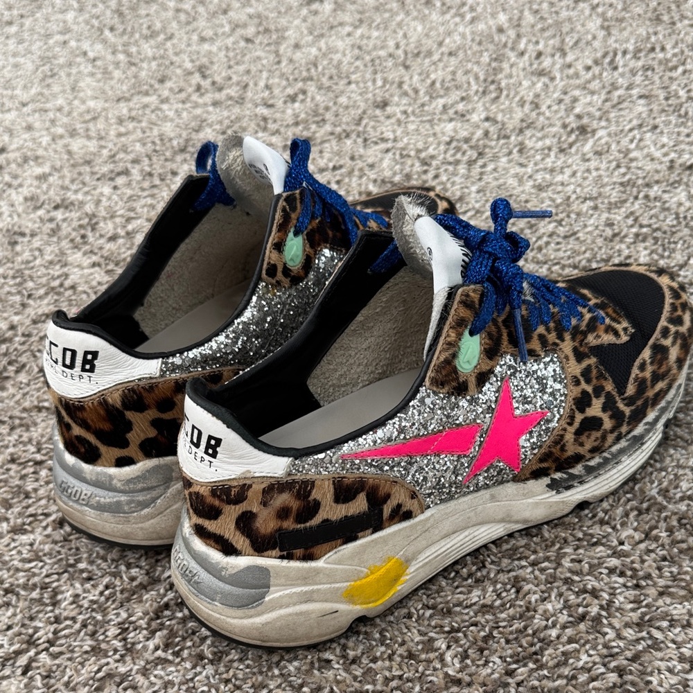Leopard Print Golden Goose Sneakers with Blue Laces - Picture 3 of 5
